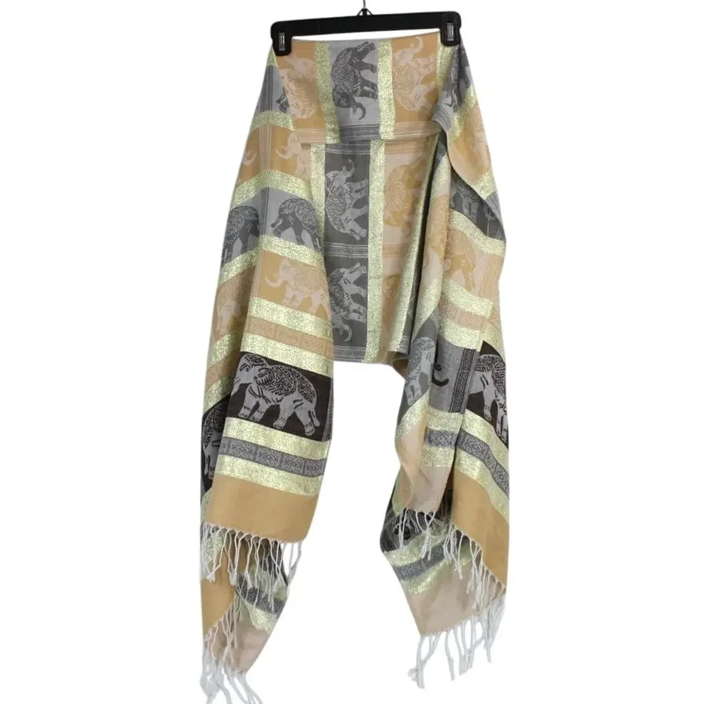 Vintage Y2K Pashmina Elephant Scarf Wrap Metallic Gold Gray Fringe 72x28